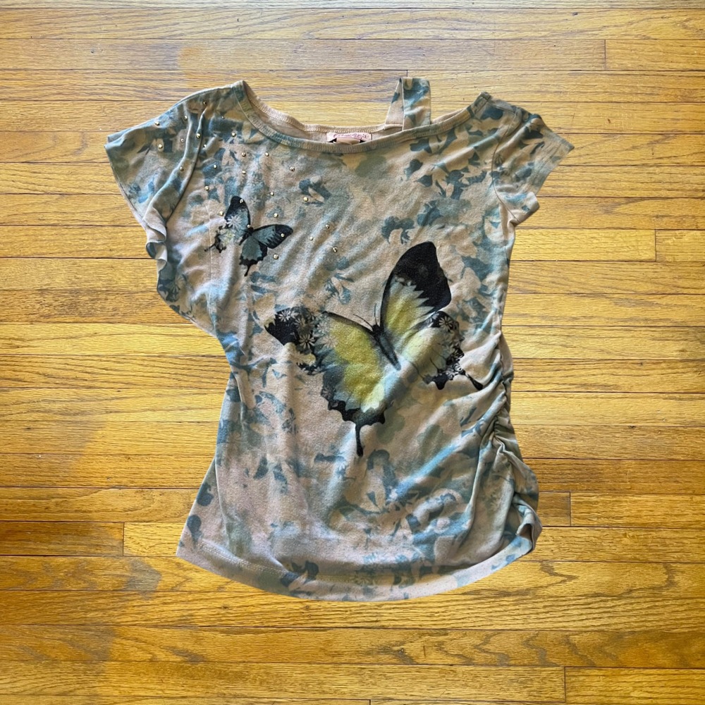 Butterfly Graphic Ruched Cold Shoulder Tie Dye Top Blue Tan Rhinestone Y2K